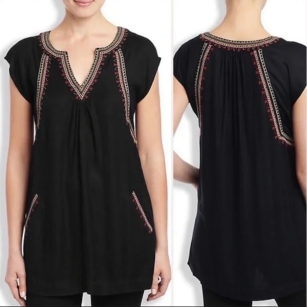 LUCKY BRAND Embroidered Black Top Blouse Shirt Tunic M